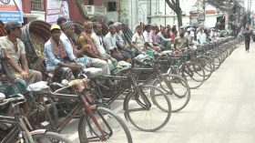 বরিশাল নগরীতে প্যাডেল রিকশা শ্রমিকদের মানববন্ধন