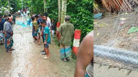 মুলাদীতে রডের পরিবর্তে গুনার জাল দিয়ে সড়ক ঢালাই